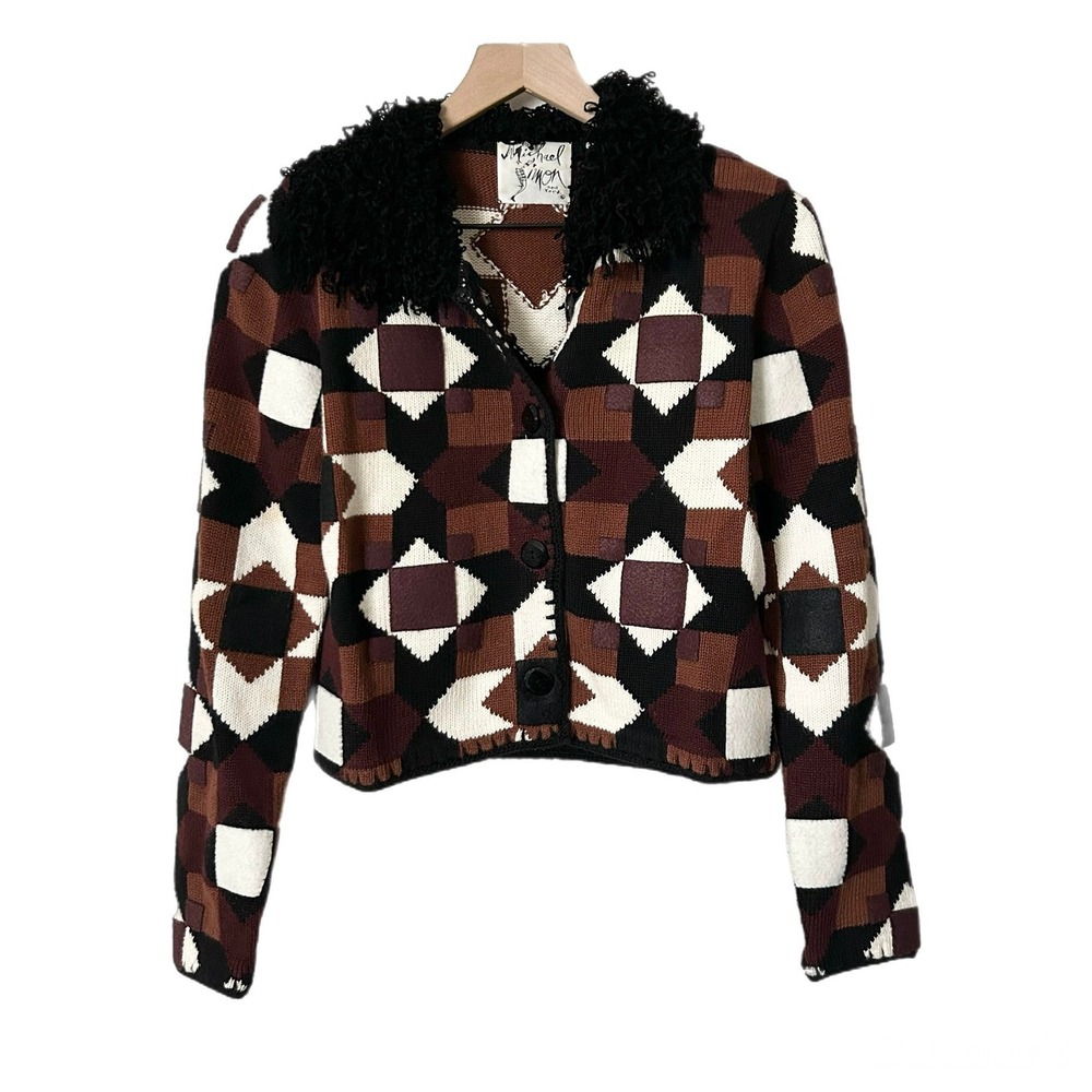 Michael Simon Vintage 1996 Geometric Cardigan Faux Fur Collar Brown Black Small